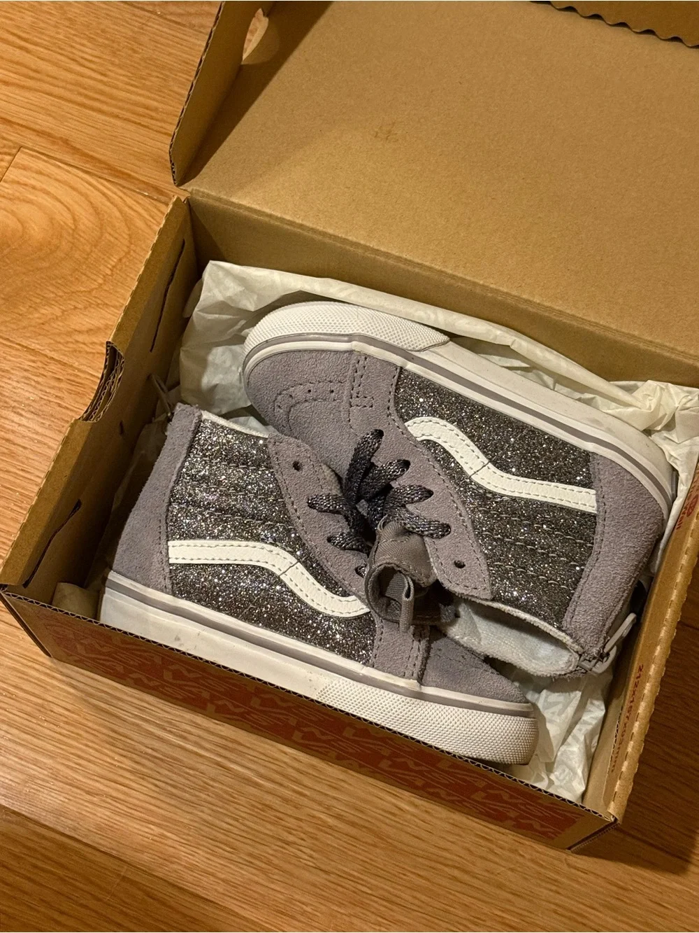 Vans Toddler High-Top Glitter Sneakers in Gray and White